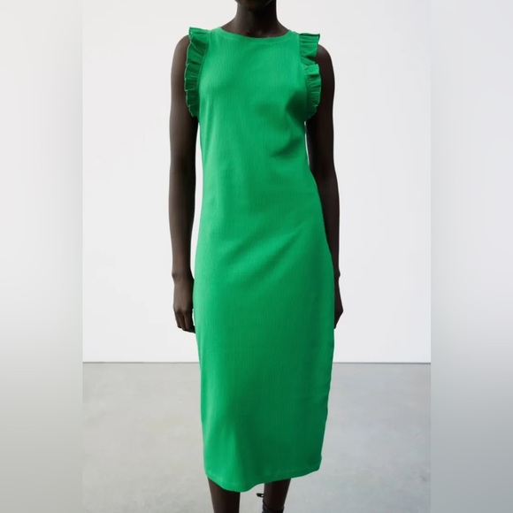 slim fit dress slacks Zara Green Sleeveless Ribbed Knit Turtleneck Ruffle Fit & Flare Mini Dress  Sz S